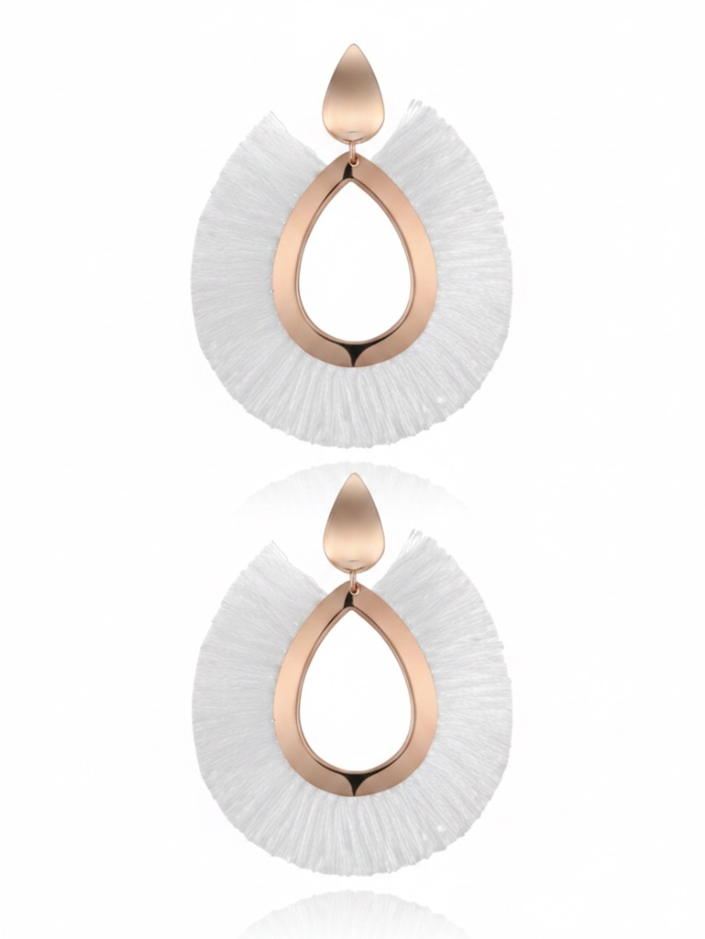 Womens White Fringe Lightweight Teardrop Cotton Tassel Earrings